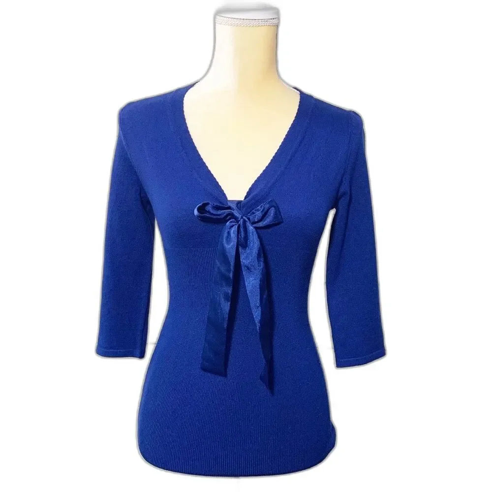 Maurices Royal Blue Sweater Medium Satin Bow V Neck 3/4 Sleeve NWOT